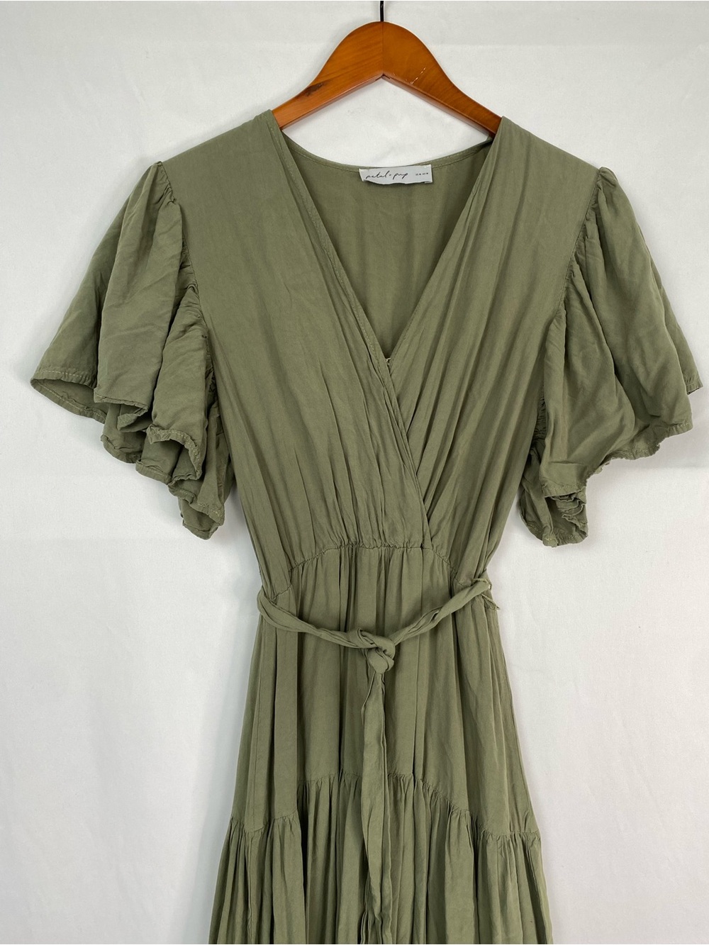 Petal & Pup Barker Dress in Olive V Neck Midi Ruffle Sleeve Tiered - Picture 2 of 5